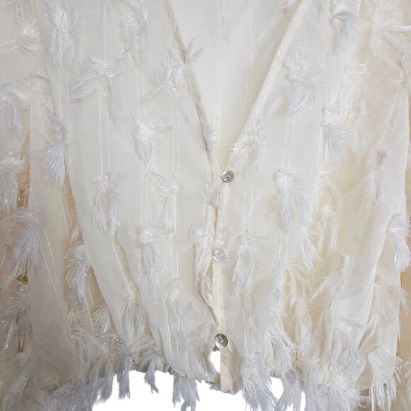 Boho Fringe Overlay Chiffon Crop Blouse Hippie Festival Sheer Button Sz M Cream - Picture 4 of 11
